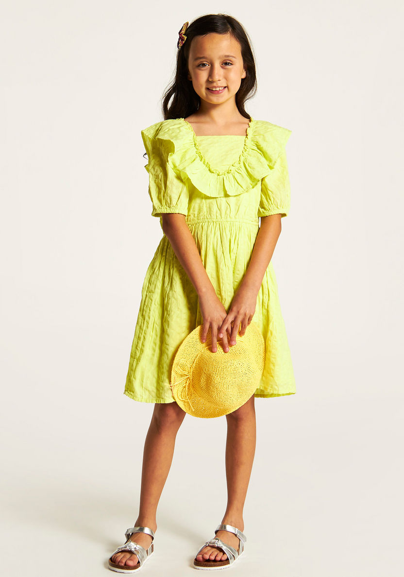 Juniors Textured A-line Dress with Ruffles and Short Sleeves-Dresses, Gowns & Frocks-image-0