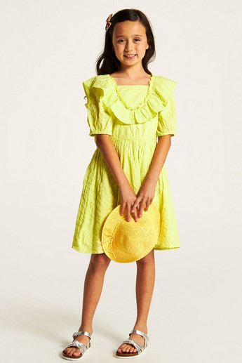 Juniors Textured A-line Dress with Ruffles and Short Sleeves