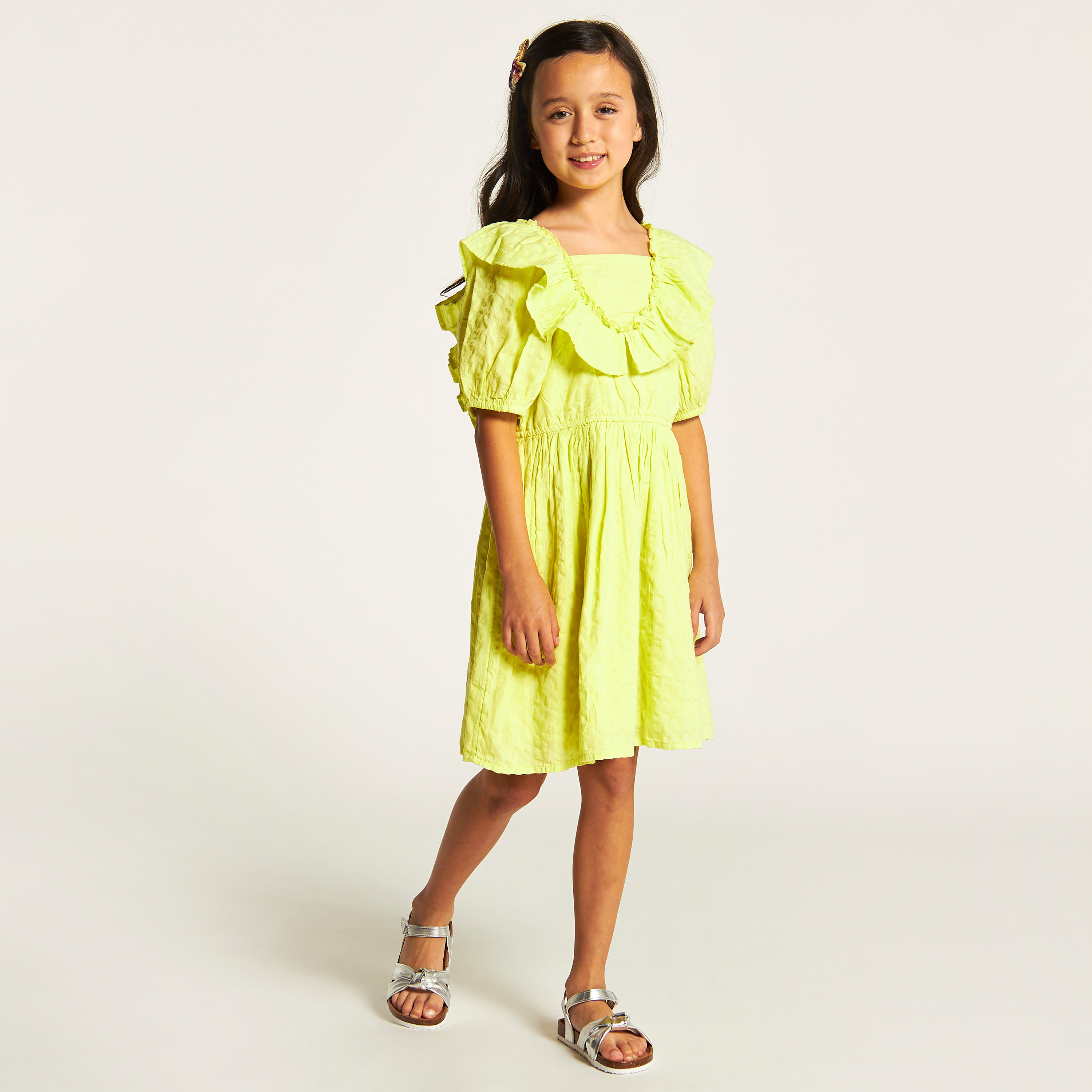 Juniors Textured A-line Dress with Ruffles and Short Sleeves-girls-clothing-dressesandjumpsuits-image-2