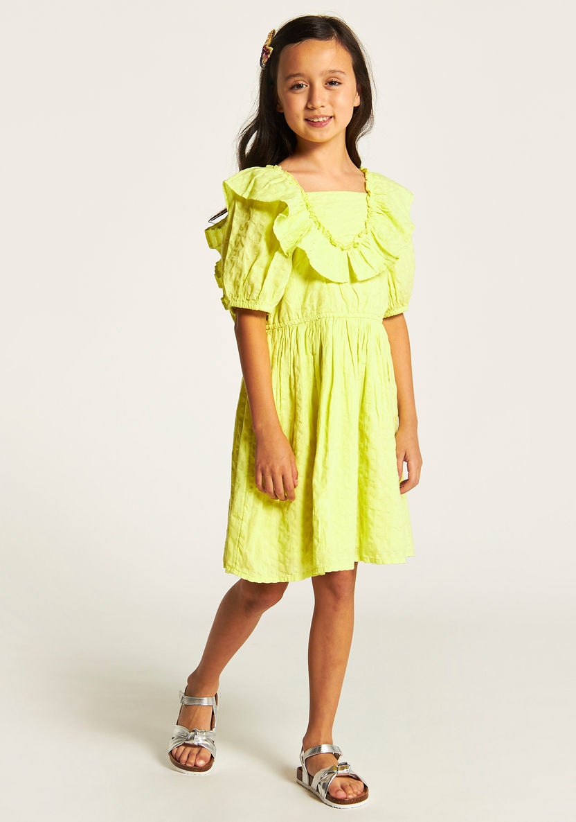 Juniors Textured A-line Dress with Ruffles and Short Sleeves-Dresses, Gowns & Frocks-image-1