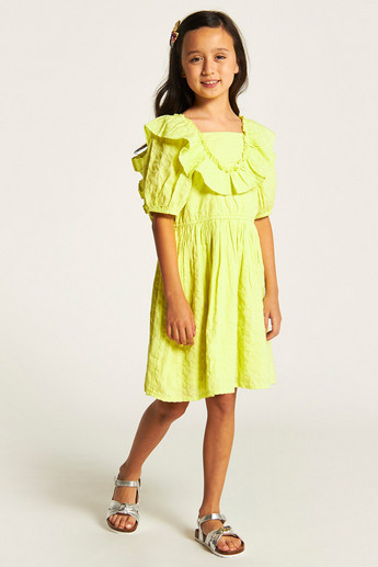 Juniors Textured A-line Dress with Ruffles and Short Sleeves