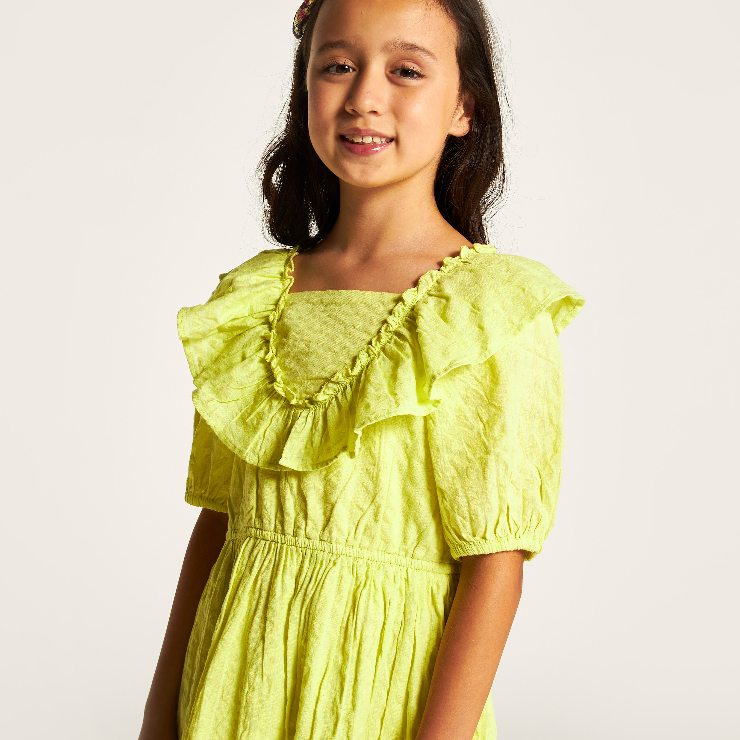 Juniors Textured A-line Dress with Ruffles and Short Sleeves-girls-clothing-dressesandjumpsuits-image-3
