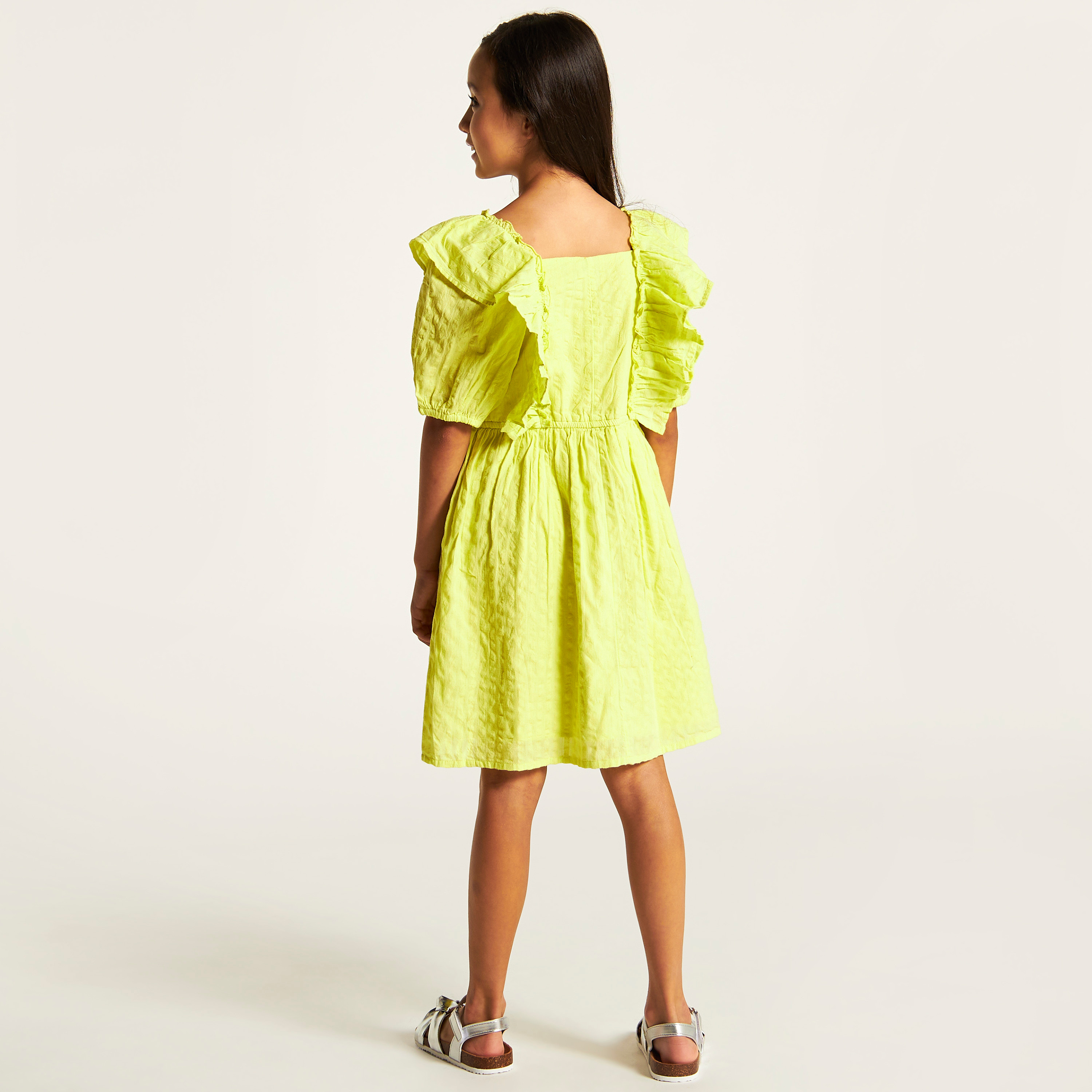 Juniors Textured A-line Dress with Ruffles and Short Sleeves-girls-clothing-dressesandjumpsuits-image-4