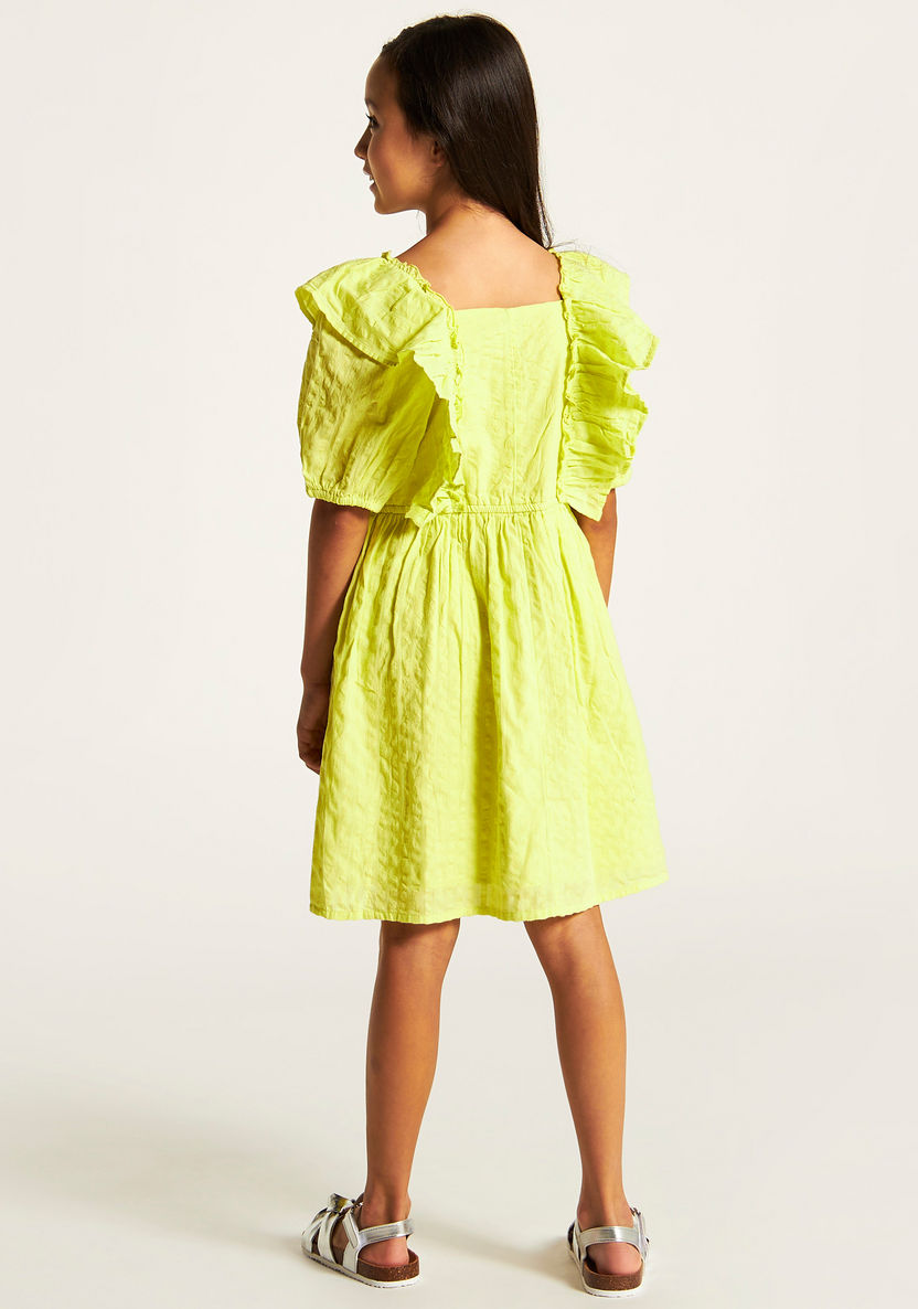 Juniors Textured A-line Dress with Ruffles and Short Sleeves-Dresses, Gowns & Frocks-image-3