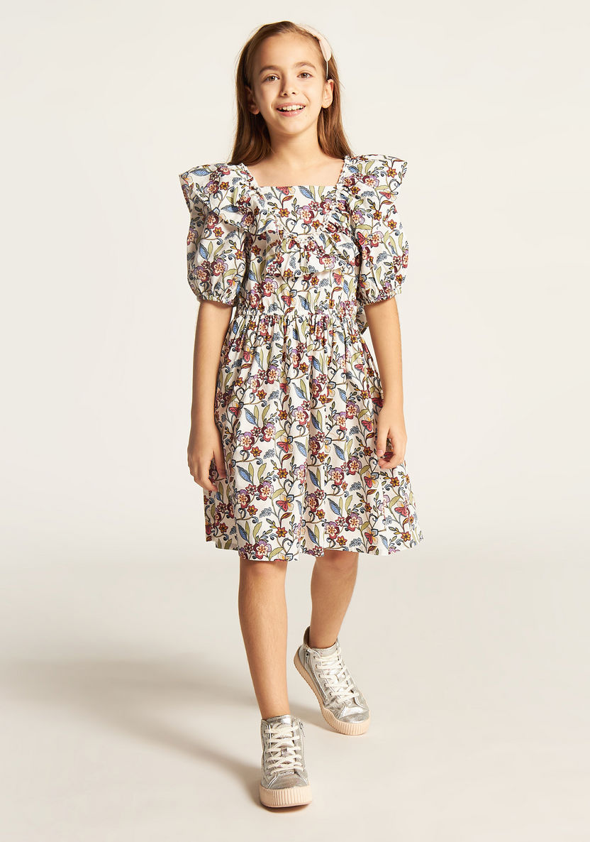 Juniors Floral Print A-line Dress with Short Sleeves and Ruffle Detail-Dresses%2C Gowns and Frocks-image-0