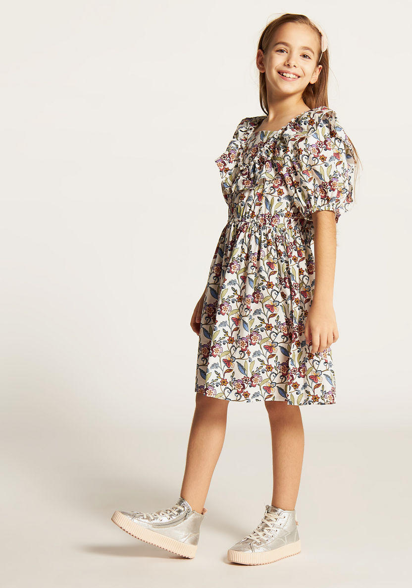 Juniors Floral Print A-line Dress with Short Sleeves and Ruffle Detail-Dresses%2C Gowns and Frocks-image-1