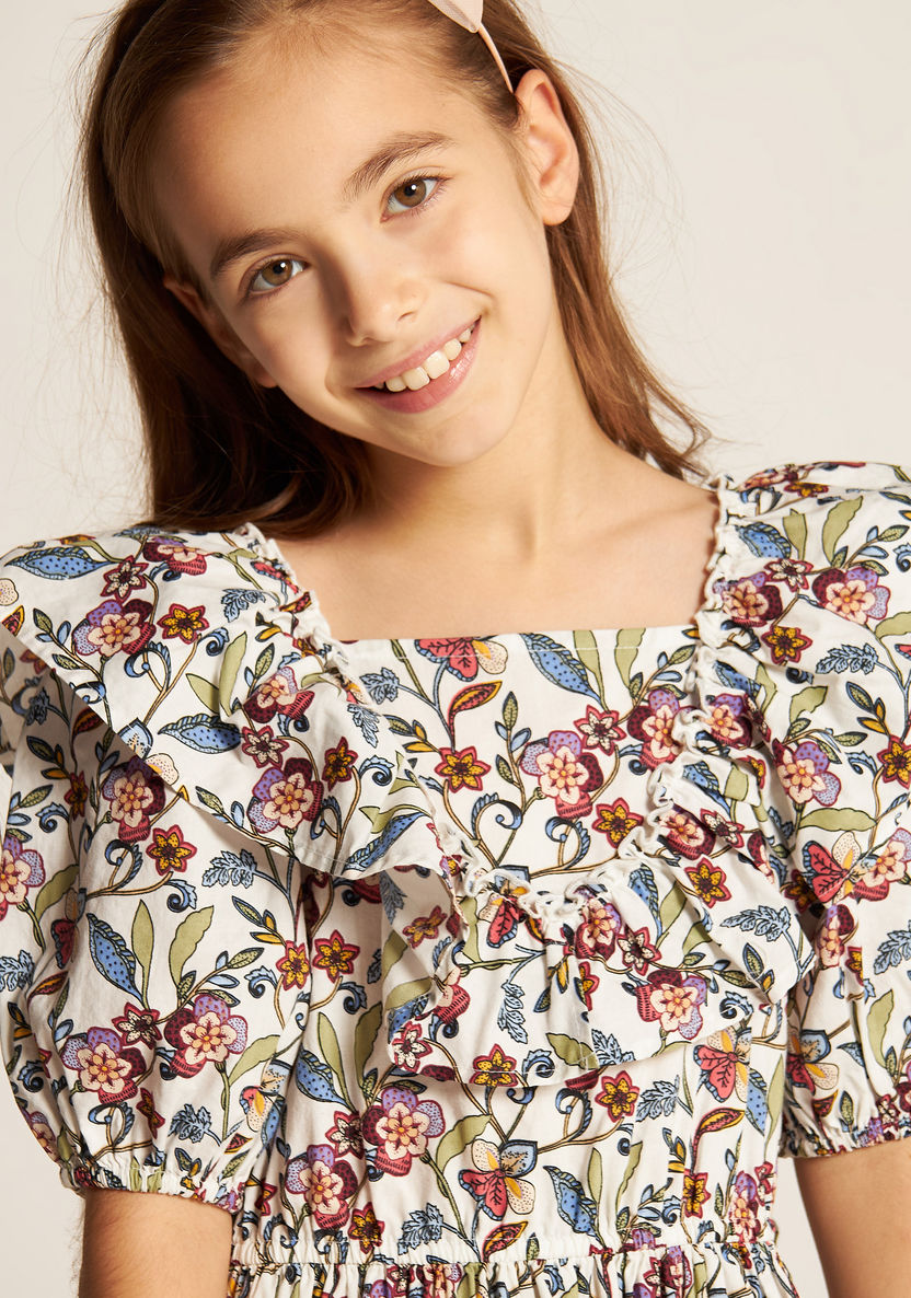Juniors Floral Print A-line Dress with Short Sleeves and Ruffle Detail-Dresses%2C Gowns and Frocks-image-2
