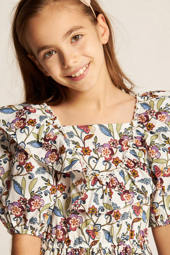 Juniors Floral Print A-line Dress with Short Sleeves and Ruffle Detail