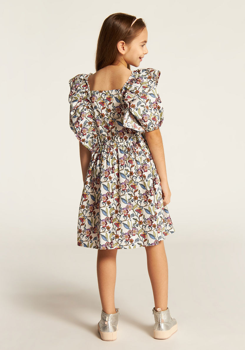 Juniors Floral Print A-line Dress with Short Sleeves and Ruffle Detail-Dresses%2C Gowns and Frocks-image-3