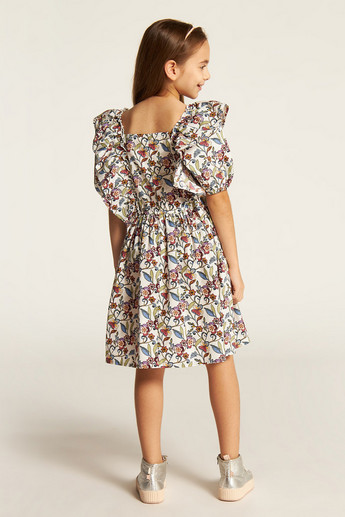 Juniors Floral Print A-line Dress with Short Sleeves and Ruffle Detail