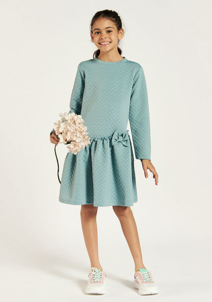 Juniors Textured High Neck Dress with Long Sleeves and Bow Accent