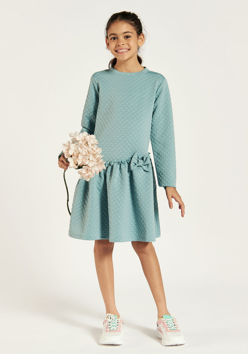 Juniors Textured High Neck Dress with Long Sleeves and Bow Accent-Dresses, Gowns & Frocks-image-0