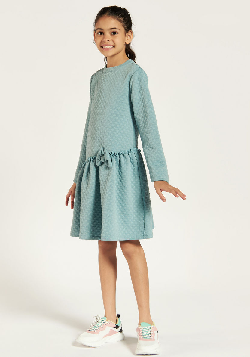 Juniors Textured High Neck Dress with Long Sleeves and Bow Accent-Dresses, Gowns & Frocks-image-1