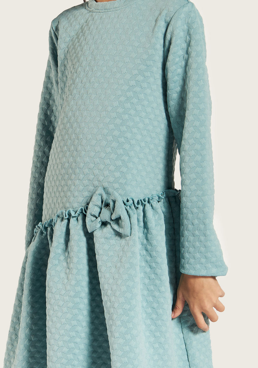 Juniors Textured High Neck Dress with Long Sleeves and Bow Accent-Dresses, Gowns & Frocks-image-2