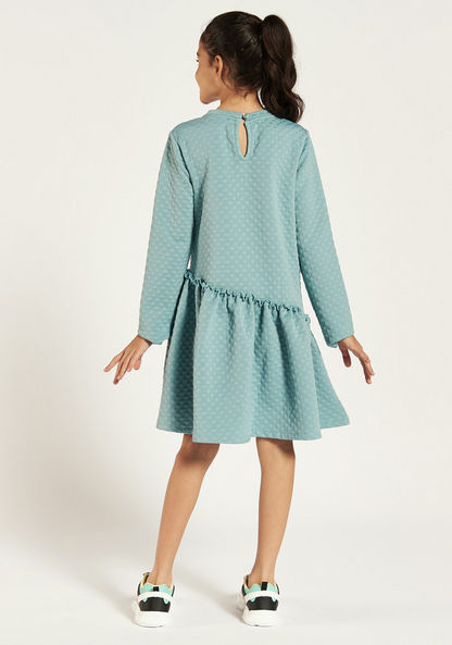Juniors Textured High Neck Dress with Long Sleeves and Bow Accent