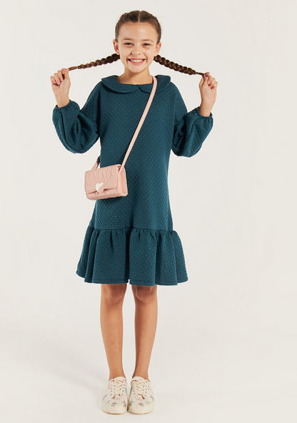 Juniors Textured Peter Pan Collar Dress with Long Sleeves and Flounce Hemline-Dresses%2C Gowns and Frocks-image-0