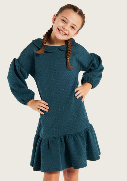 Juniors Textured Peter Pan Collar Dress with Long Sleeves and Flounce Hemline-Dresses%2C Gowns and Frocks-image-1