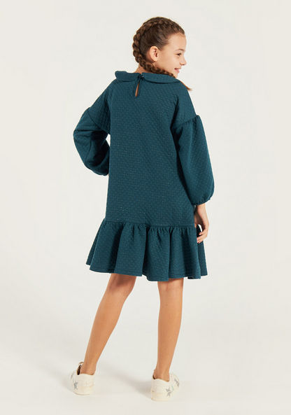 Juniors Textured Peter Pan Collar Dress with Long Sleeves and Flounce Hemline-Dresses%2C Gowns and Frocks-image-3