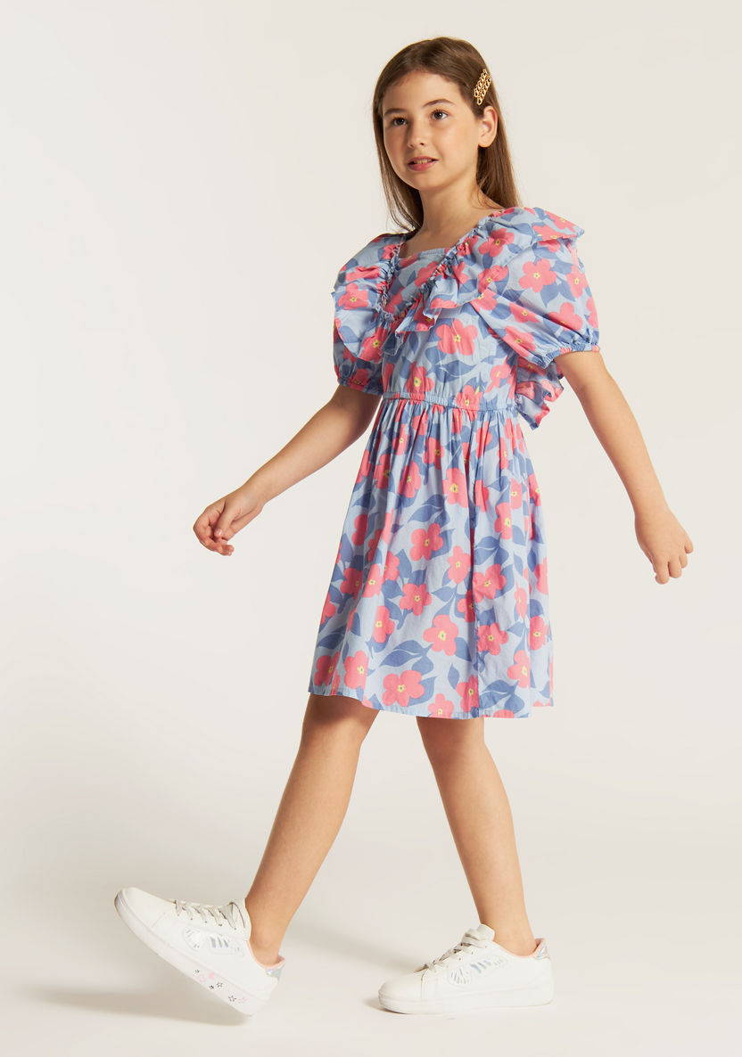 Juniors Floral Print Dress with Ruffle Detail and Short Puff Sleeves-Dresses%2C Gowns and Frocks-image-1