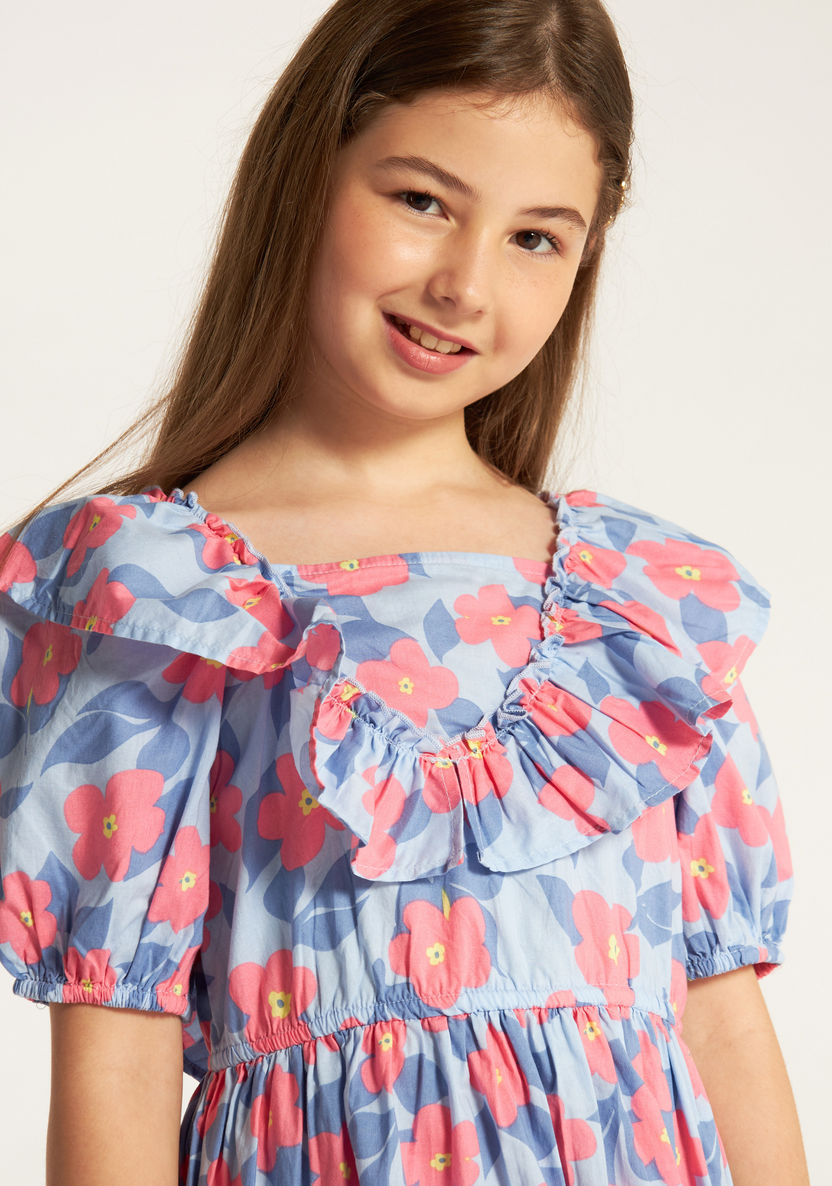 Juniors Floral Print Dress with Ruffle Detail and Short Puff Sleeves-Dresses%2C Gowns and Frocks-image-2