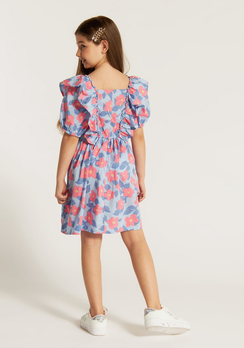 Juniors Floral Print Dress with Ruffle Detail and Short Puff Sleeves-Dresses%2C Gowns and Frocks-image-3