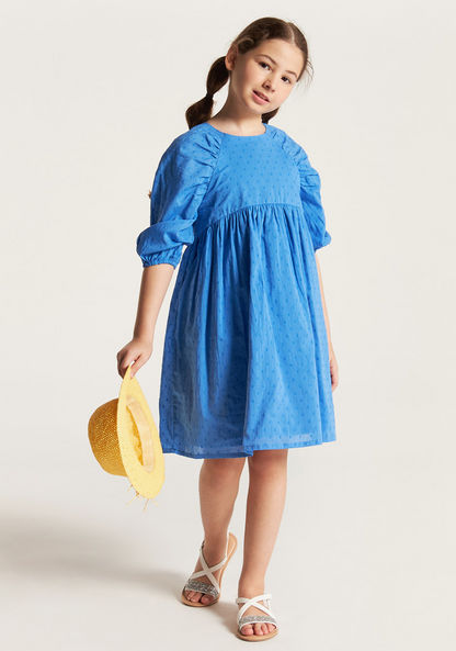 Juniors Textured Dress with Round Neck and Short Puff Sleeves-Dresses%2C Gowns and Frocks-image-0