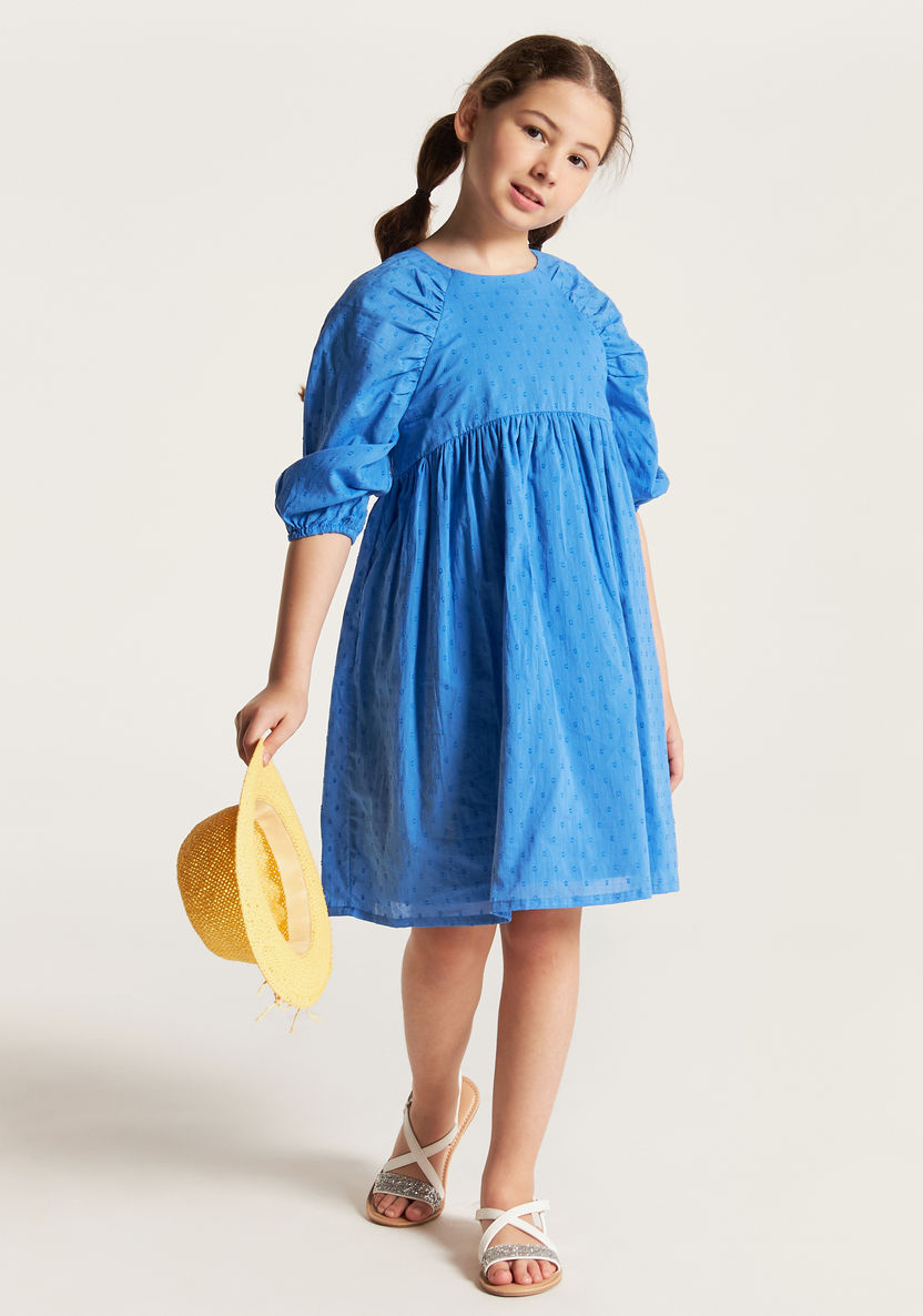 Juniors Textured Dress with Round Neck and Short Puff Sleeves-Dresses, Gowns & Frocks-image-0