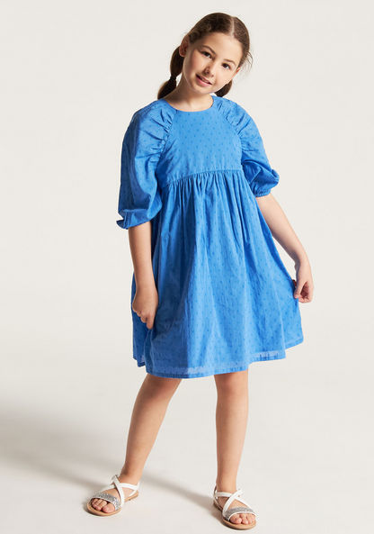 Juniors Textured Dress with Round Neck and Short Puff Sleeves-Dresses%2C Gowns and Frocks-image-1