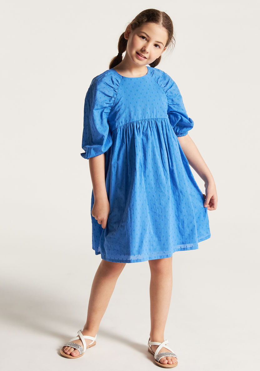 Juniors Textured Dress with Round Neck and Short Puff Sleeves-Dresses, Gowns & Frocks-image-1