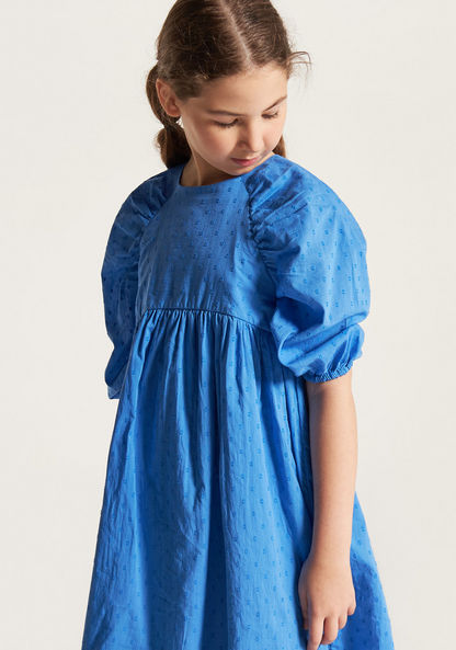 Juniors Textured Dress with Round Neck and Short Puff Sleeves-Dresses%2C Gowns and Frocks-image-2