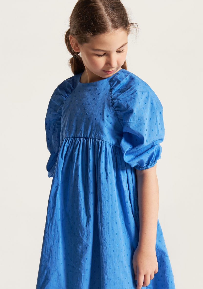 Juniors Textured Dress with Round Neck and Short Puff Sleeves-Dresses, Gowns & Frocks-image-2