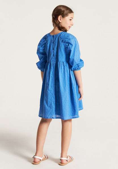 Juniors Textured Dress with Round Neck and Short Puff Sleeves