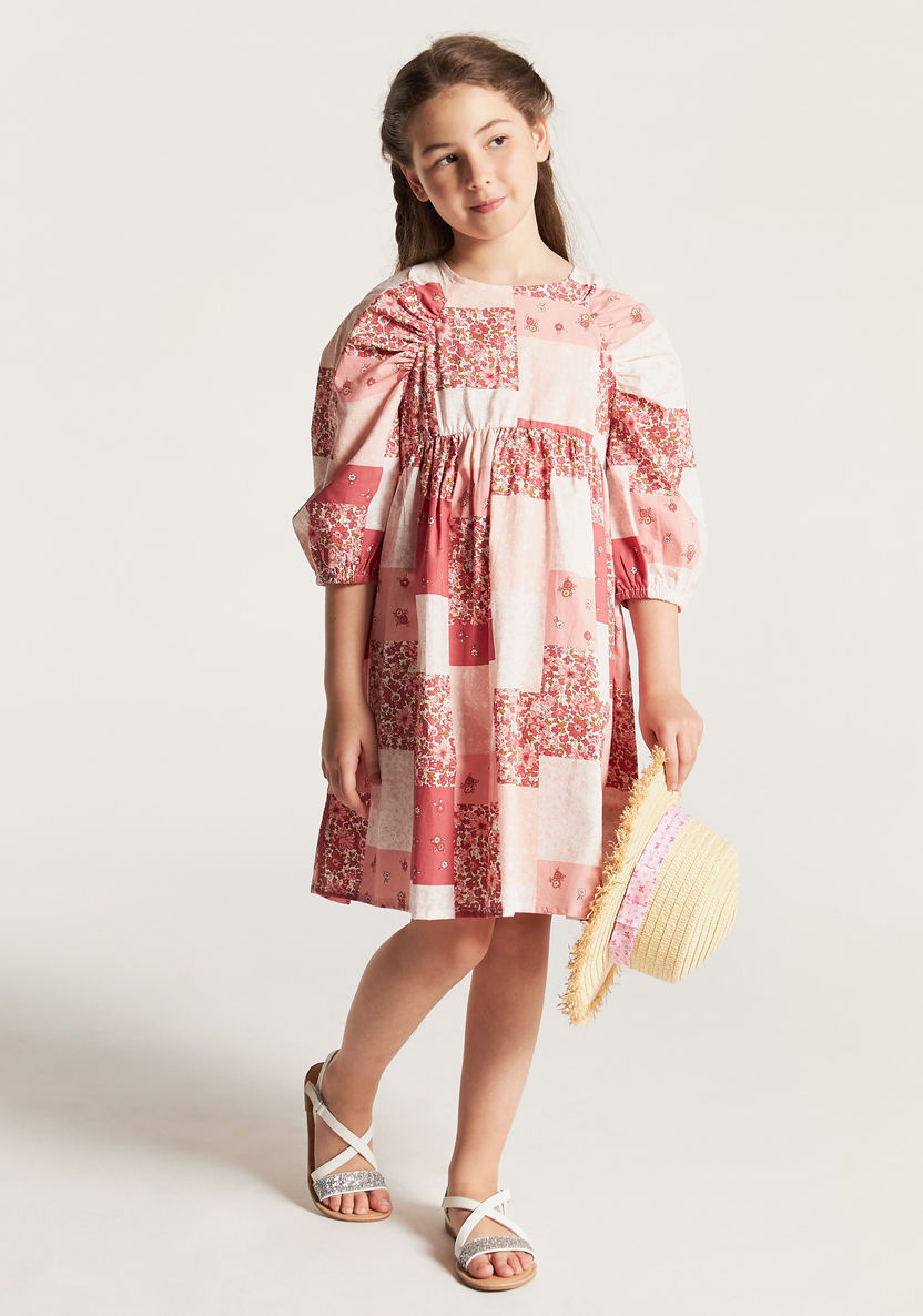Juniors All Over Print Dress with Round Neck and Short Raglan Sleeves-Dresses, Gowns & Frocks-image-0