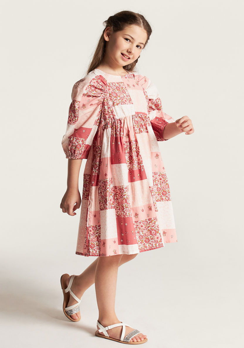 Juniors All Over Print Dress with Round Neck and Short Raglan Sleeves-Dresses, Gowns & Frocks-image-1