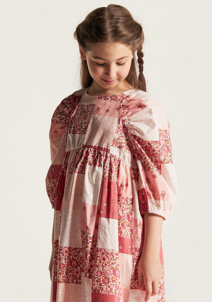 Juniors All Over Print Dress with Round Neck and Short Raglan Sleeves
