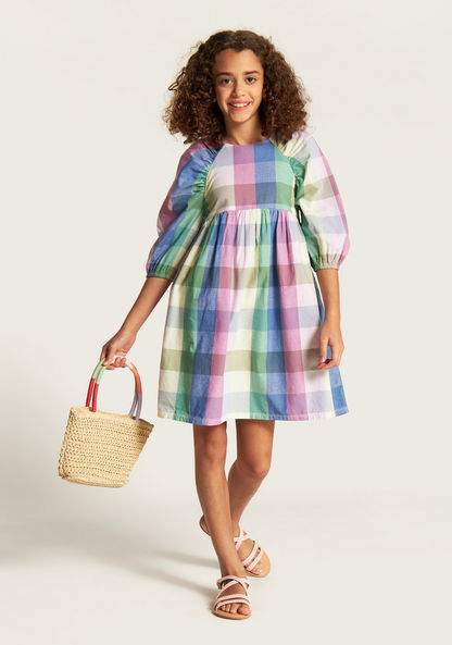Juniors Checked A-line Dress with 3/4 Puff Sleeves and Round Neck