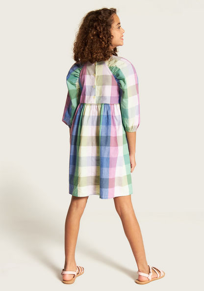Juniors Checked A-line Dress with 3/4 Puff Sleeves and Round Neck