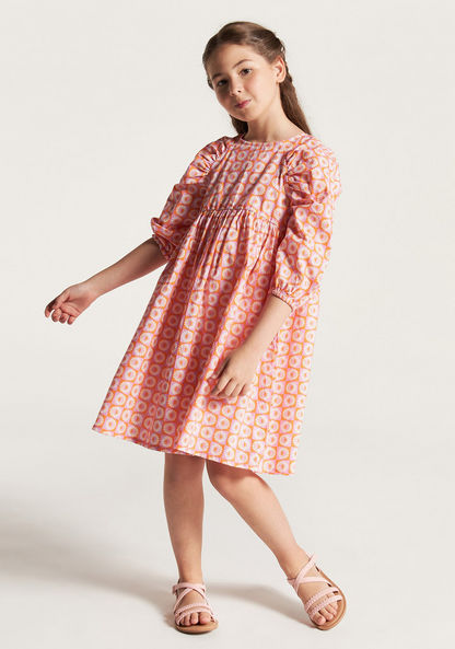 Juniors Printed Round Neck Dress with 3/4 Sleeves and Button Closure