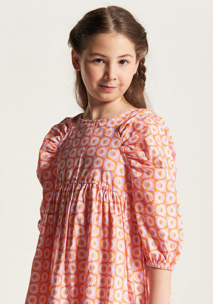 Juniors Printed Round Neck Dress with 3/4 Sleeves and Button Closure