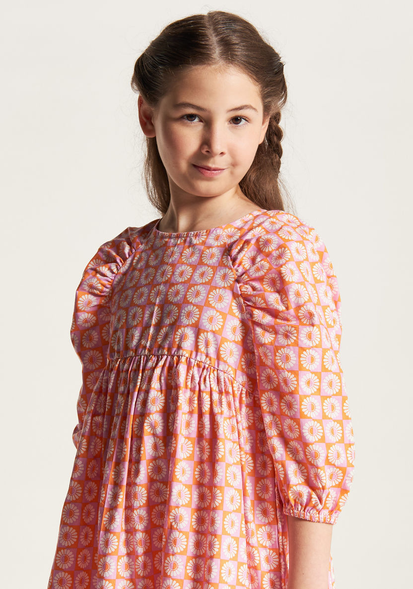 Juniors Printed Round Neck Dress with 3/4 Sleeves and Button Closure-Dresses, Gowns & Frocks-image-2