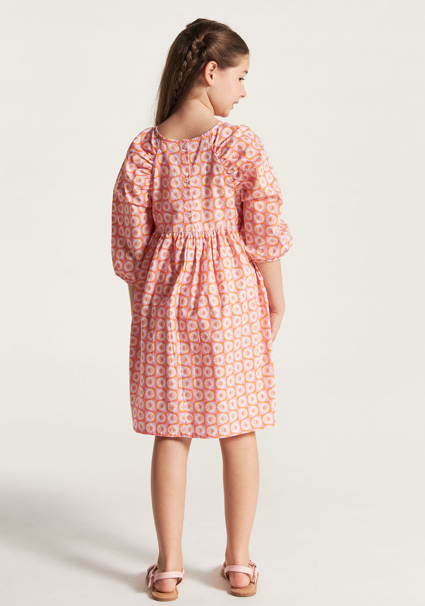 Juniors Printed Round Neck Dress with 3/4 Sleeves and Button Closure-Dresses, Gowns & Frocks-image-3