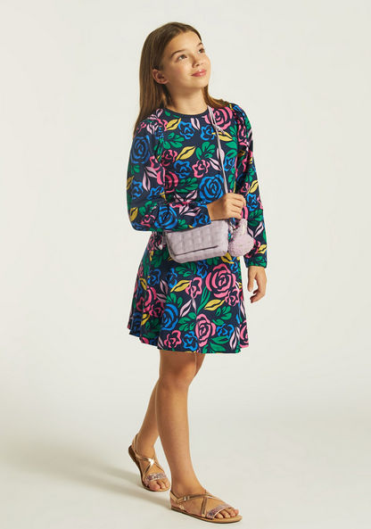 Juniors Floral Print Crew Neck Dress with Long Sleeves