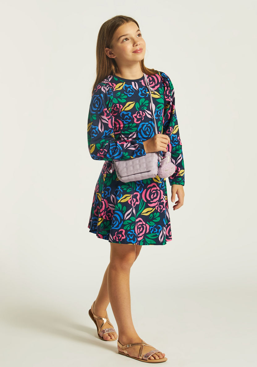 Juniors Floral Print Crew Neck Dress with Long Sleeves-Dresses, Gowns & Frocks-image-0