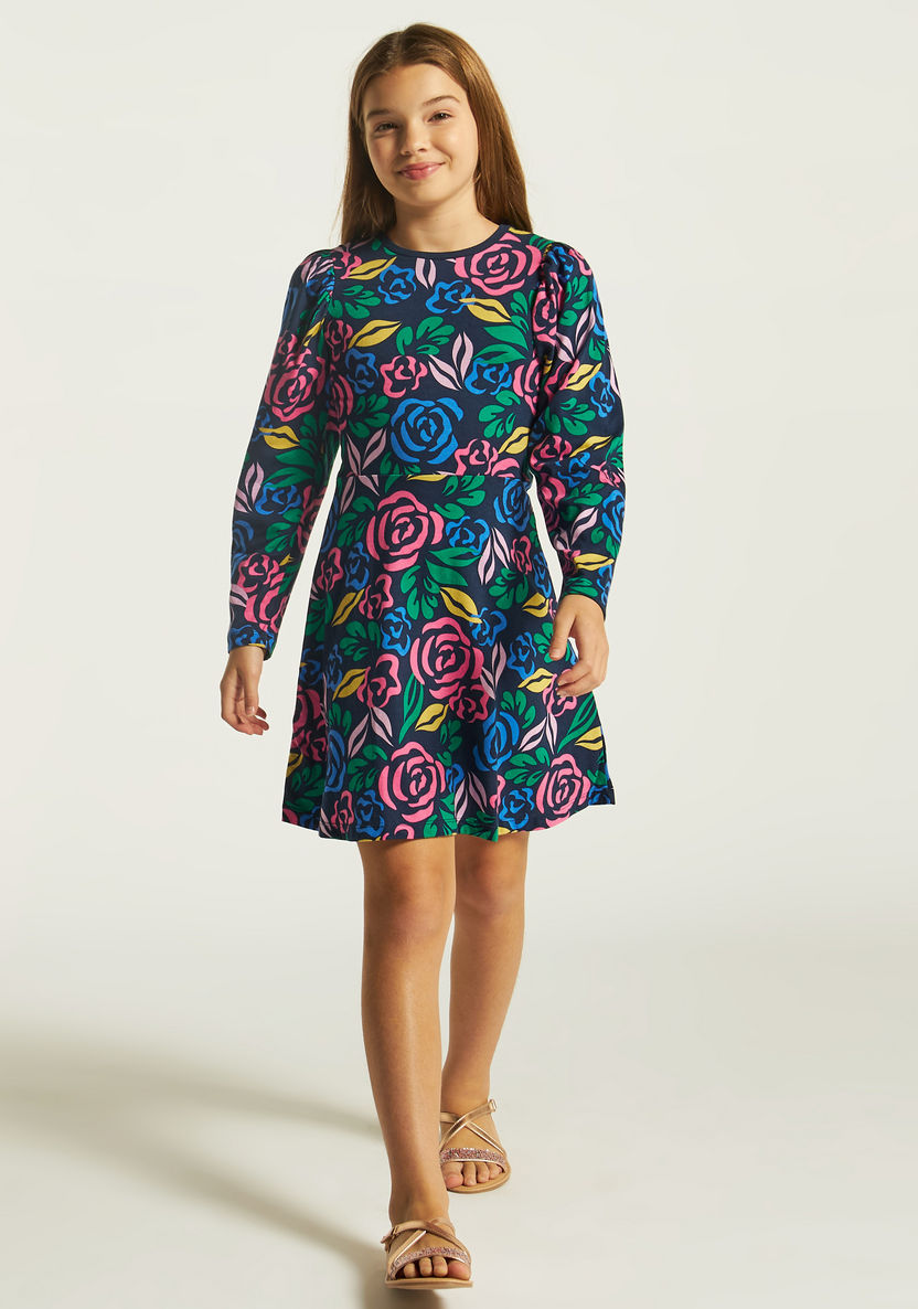 Juniors Floral Print Crew Neck Dress with Long Sleeves-Dresses, Gowns & Frocks-image-1