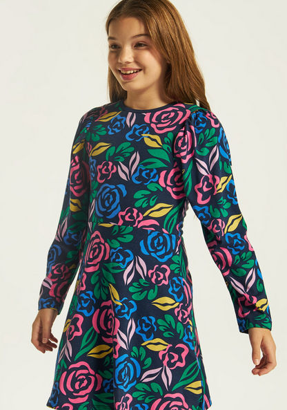 Juniors Floral Print Crew Neck Dress with Long Sleeves