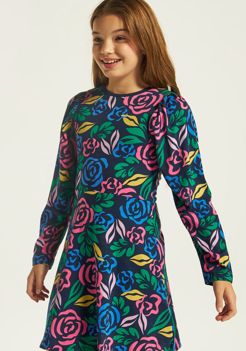 Juniors Floral Print Crew Neck Dress with Long Sleeves-Dresses, Gowns & Frocks-image-2