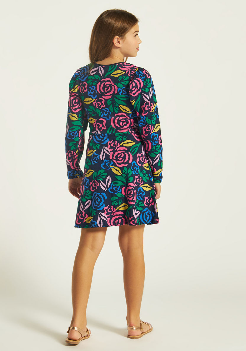 Juniors Floral Print Crew Neck Dress with Long Sleeves-Dresses, Gowns & Frocks-image-3