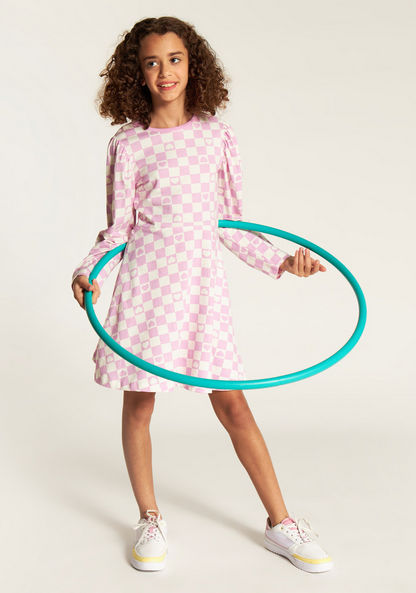 Juniors Checked Dress with Round Neck and Long Sleeves-Dresses%2C Gowns and Frocks-image-0
