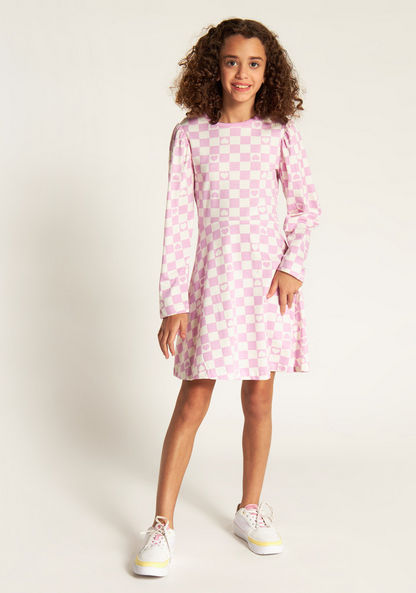 Juniors Checked Dress with Round Neck and Long Sleeves-Dresses%2C Gowns and Frocks-image-2