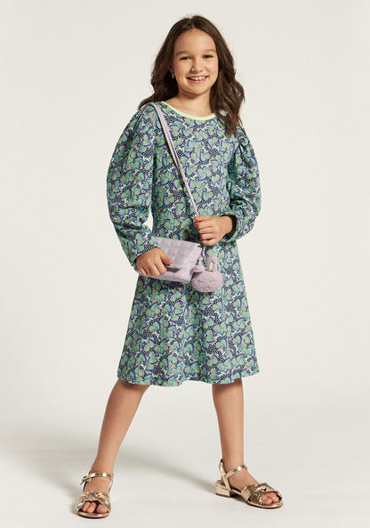Juniors All Over Print Dress with Round Neck and Long Sleeves-Dresses%2C Gowns and Frocks-image-0